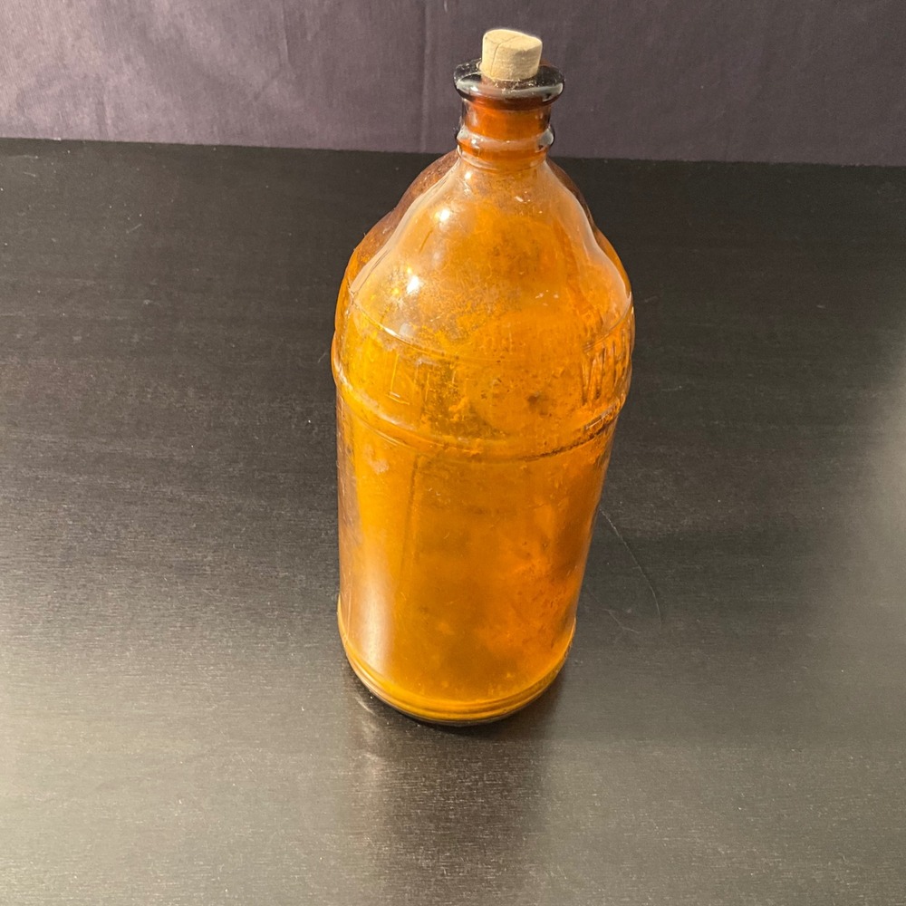 Antique Amber Glass Bottle John Puhl Products Co. Chicago Fleecy White